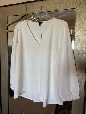 Ann Taylor Ivory V-Neck Long Sleeve Blouse